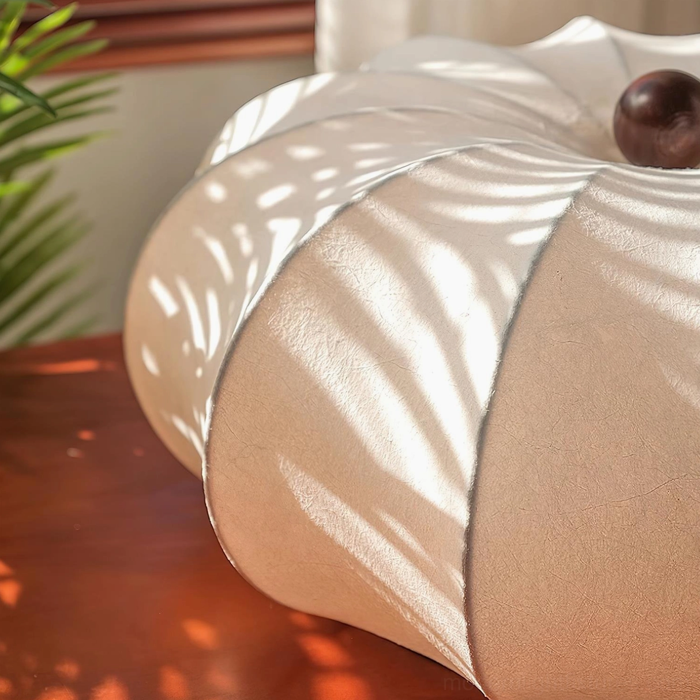 Kateo pumpkin ceiling light showing crafted construction with fabric shade and wooden finial details