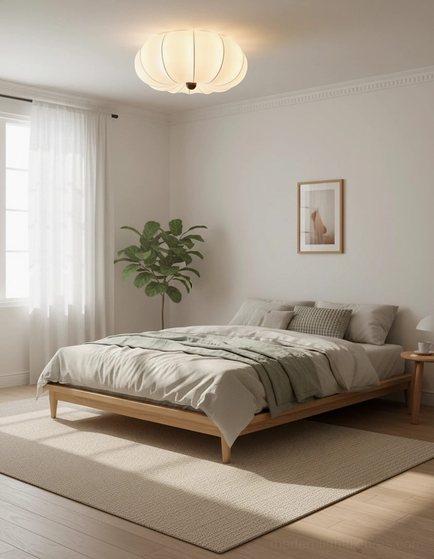 Kateo modern pumpkin ceiling light with off-white segmented fabric shade and wooden finial detail view