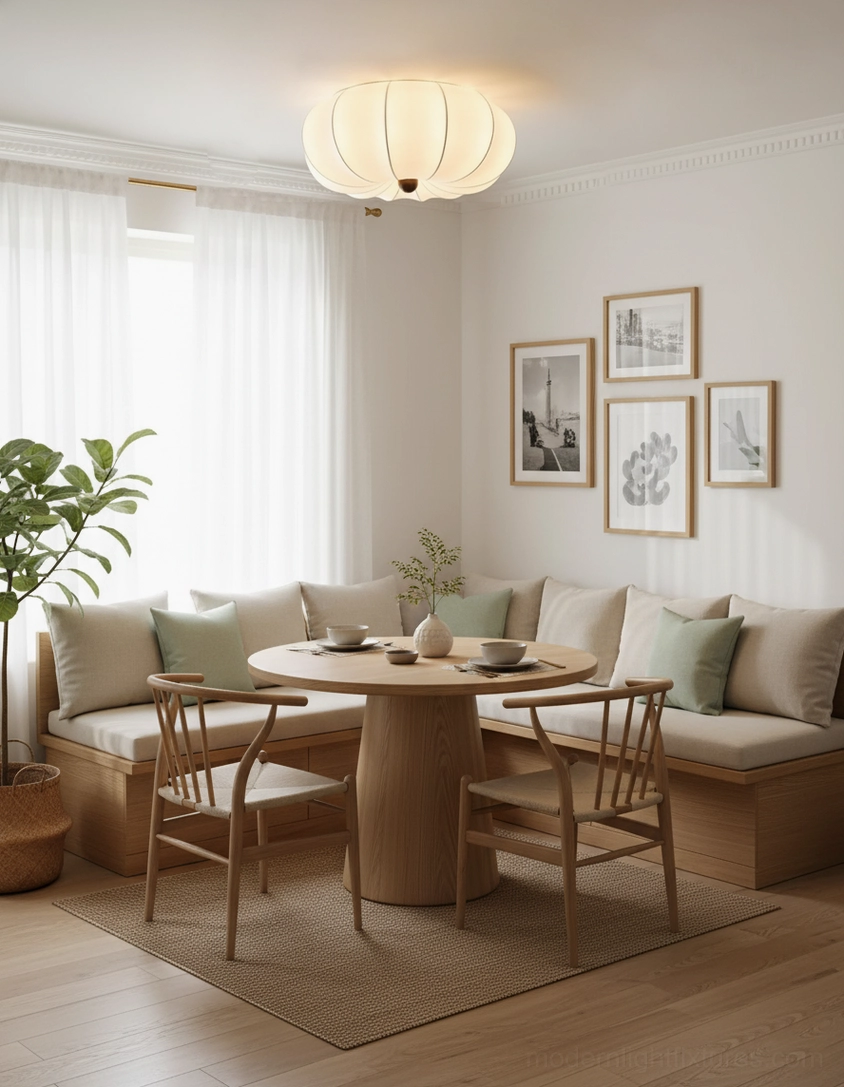 Kateo fabric ceiling light creating ambient warmth in Japanese-style dining nook with neutral home decor