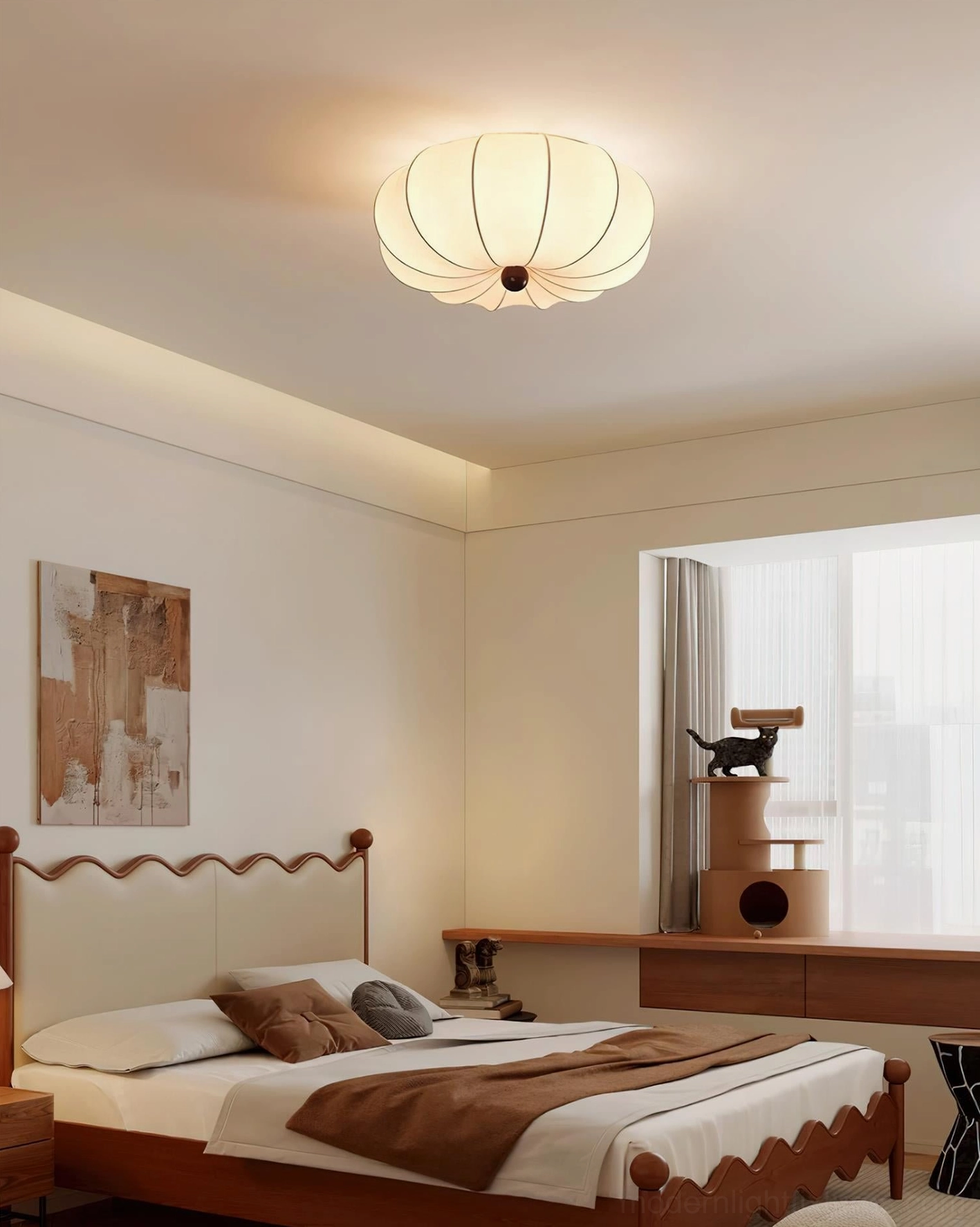 Kateo modern pumpkin ceiling light pendant fixture with metal canopy and dark wood finial assembly