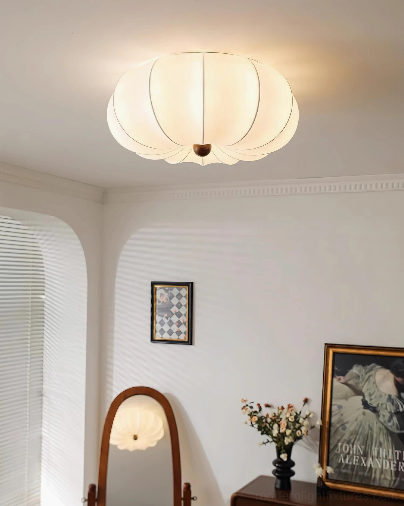 Kateo pumpkin ceiling light fixture with metal hardware and wooden details in contemporary living space