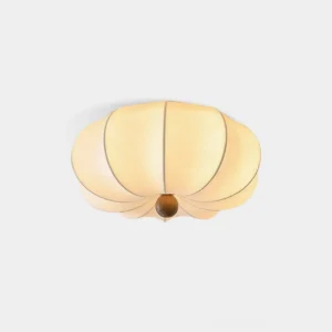 Kateo fabric ceiling light with pumpkin-shaped off-white ribbed shade and dark wooden finial, front view on white background