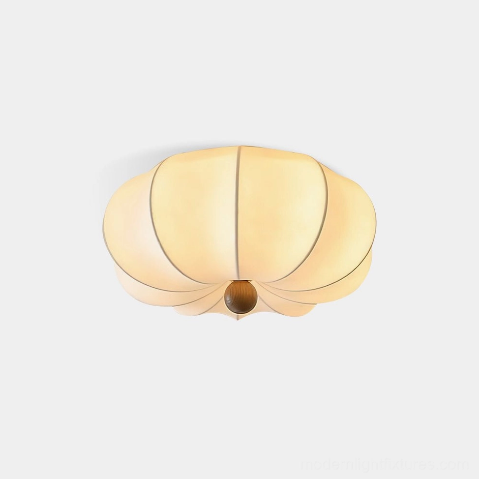 Kateo fabric ceiling light with pumpkin-shaped off-white ribbed shade and dark wooden finial, front view on white background