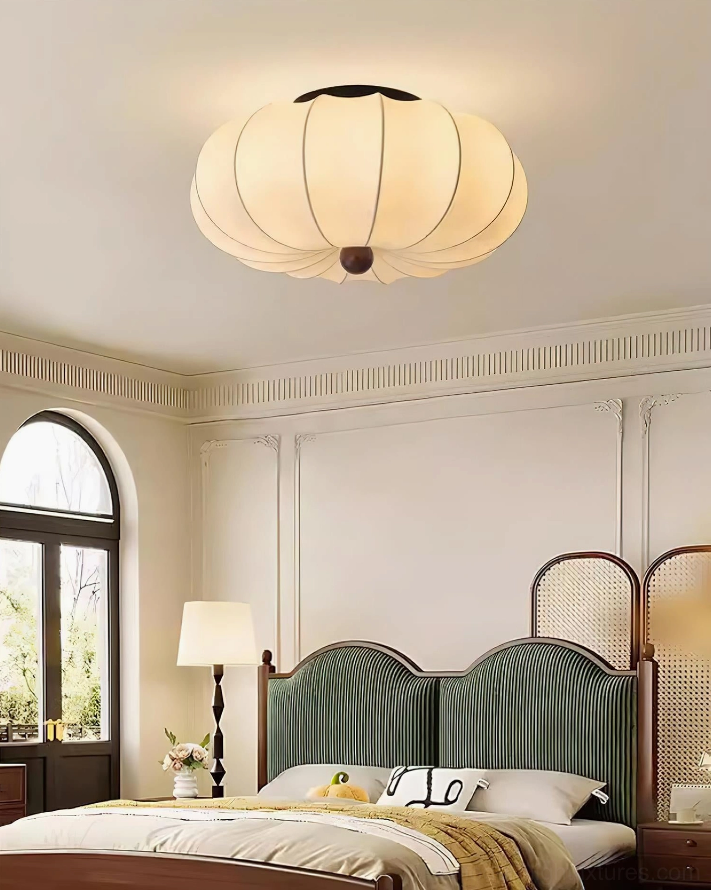 Kateo ceiling light with off-white fabric shade and dark wooden finial in modern Scandinavian interior
