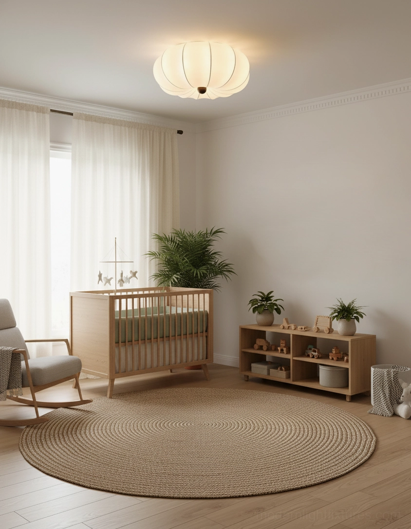 Kateo modern pumpkin ceiling light in Japanese-style nursery with warm ambient glow and natural wood furnishings