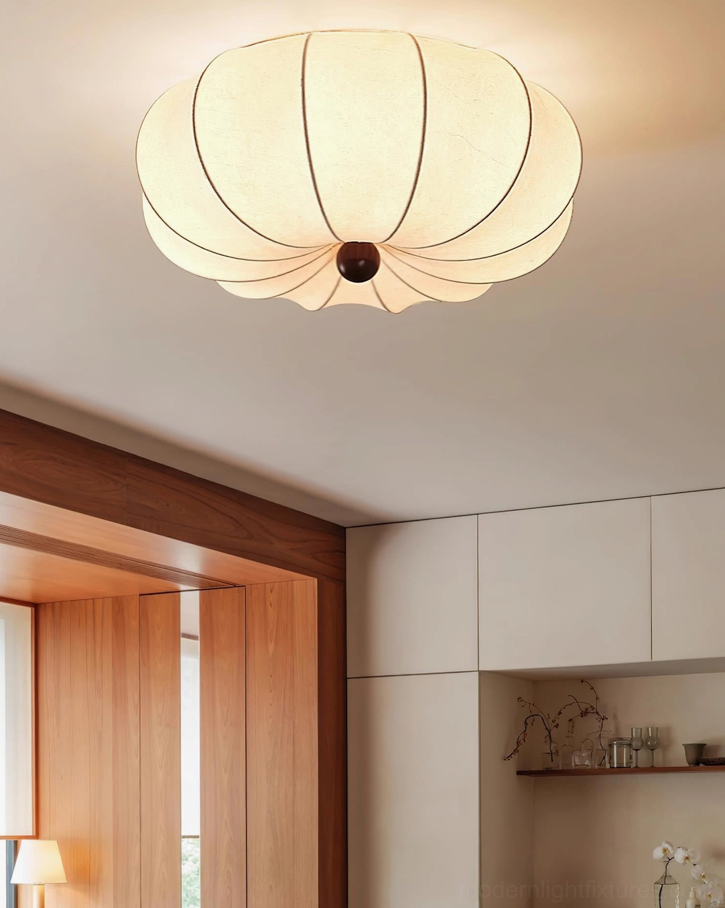 Kateo ceiling light installed in contemporary Japanese-style dining room with wooden furnishings and minimalist decor