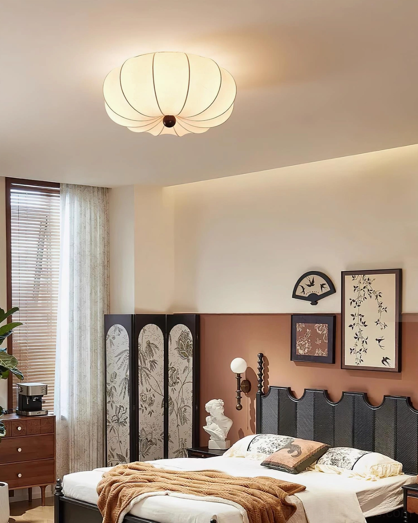 Kateo fabric ceiling light showing size scale comparison with off-white shade and wooden top accent