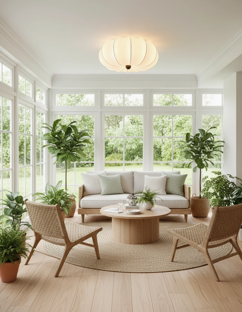 Kateo ceiling light fixture in minimalist living room with natural daylight and contemporary interior design
