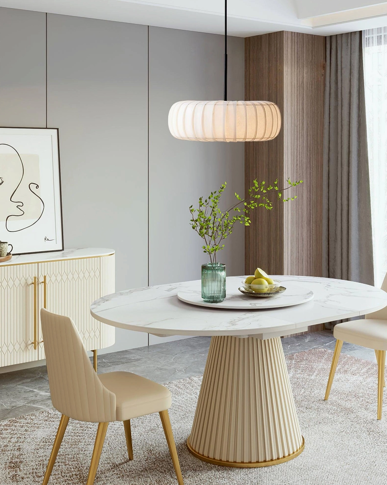 Beige ribbed fabric pendant light suspended over modern round dining table