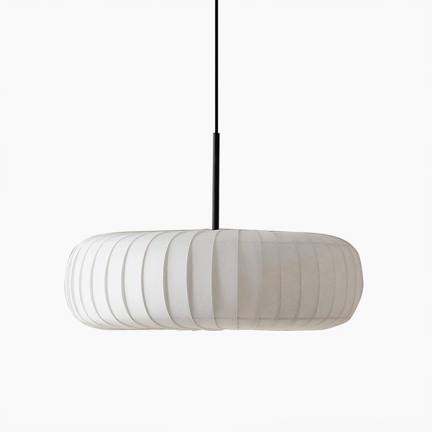 White fabric pendant light with vertical ribbed texture close-up detail view