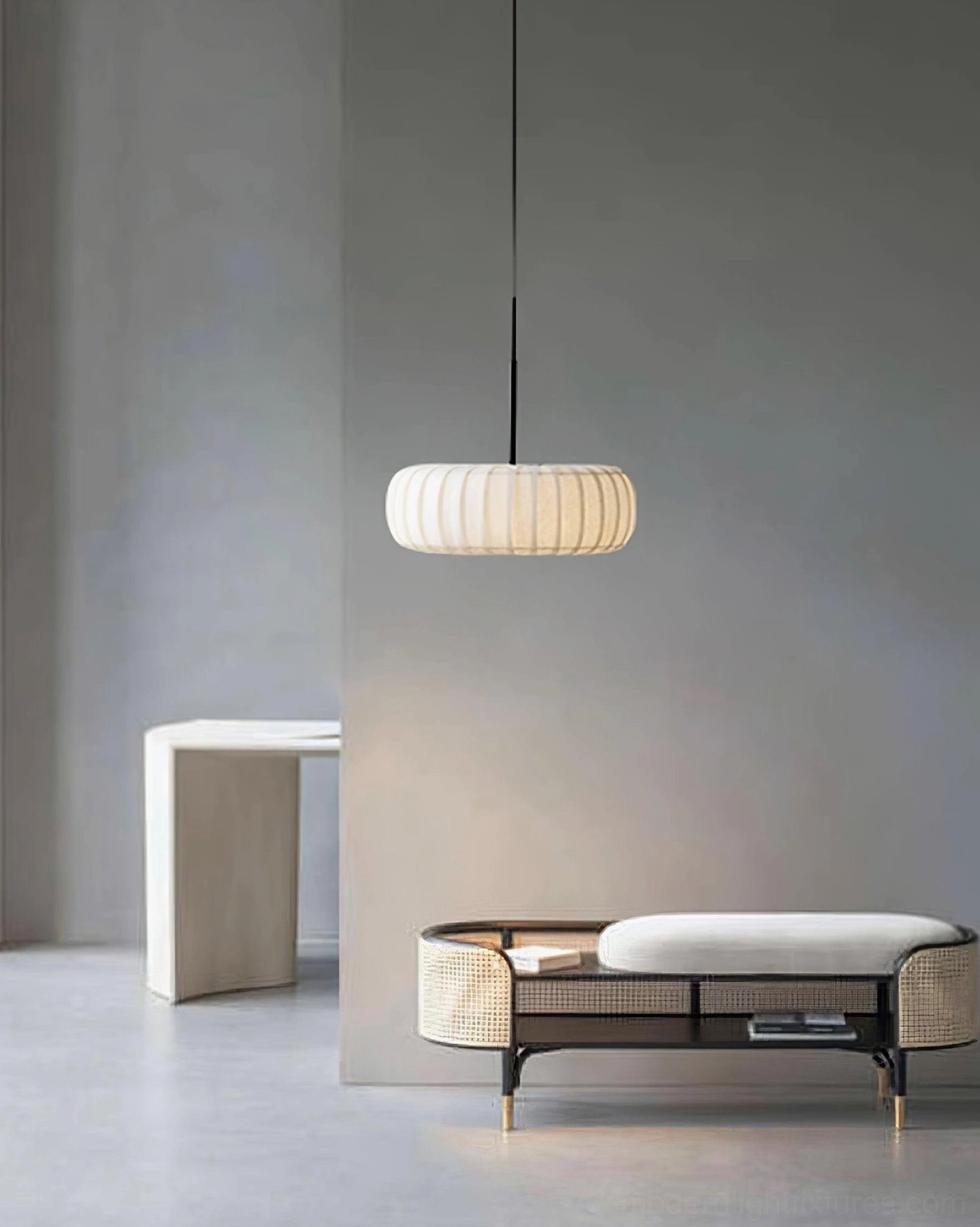 White ribbed pendant lamp installation guide and mounting hardware details