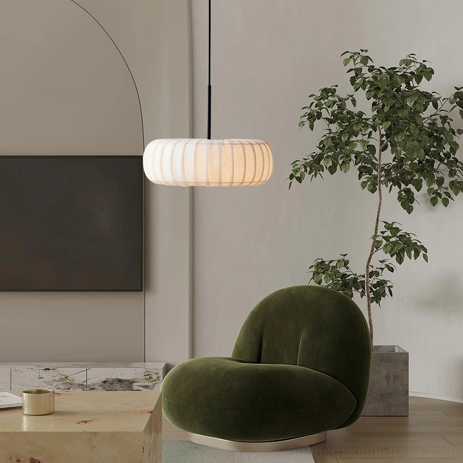 Modern white fabric pendant light in contemporary living room with velvet armchair