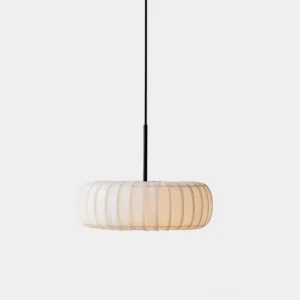 Kathy white fabric pendant light with ribbed shade on pure white studio background