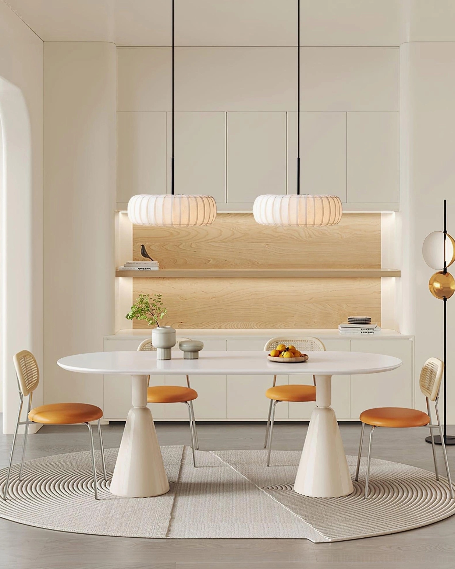 Contemporary ribbed pendant shade diffusing warm ambient light in living space