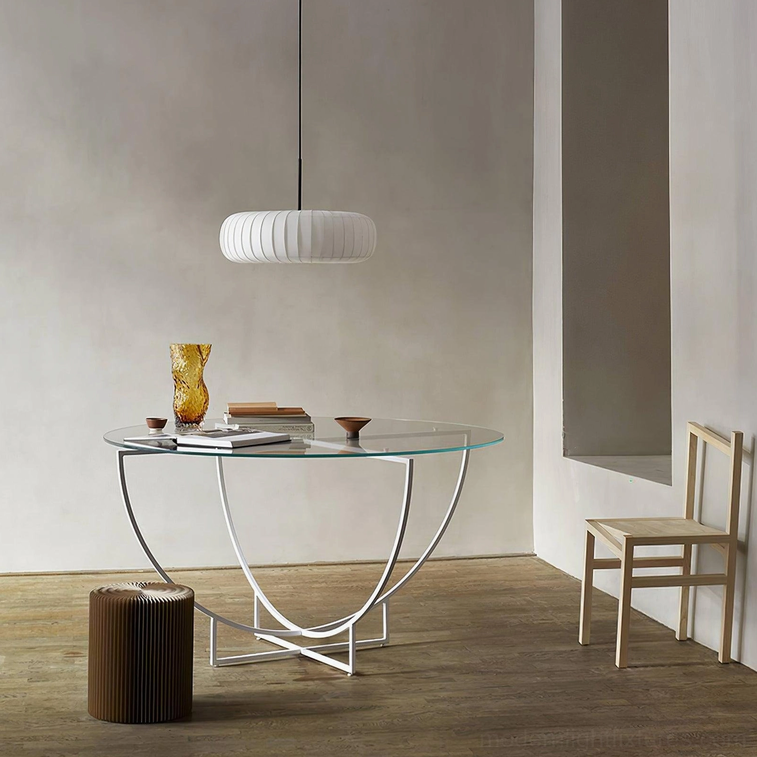 White ribbed oval pendant lamp with vertical texture detail in neutral interior