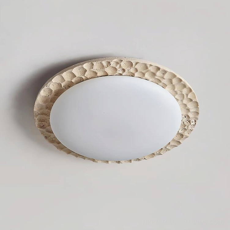 Kauai 50cm travertine beige and white flush mount ceiling light - Dia 50cm x H 10cm