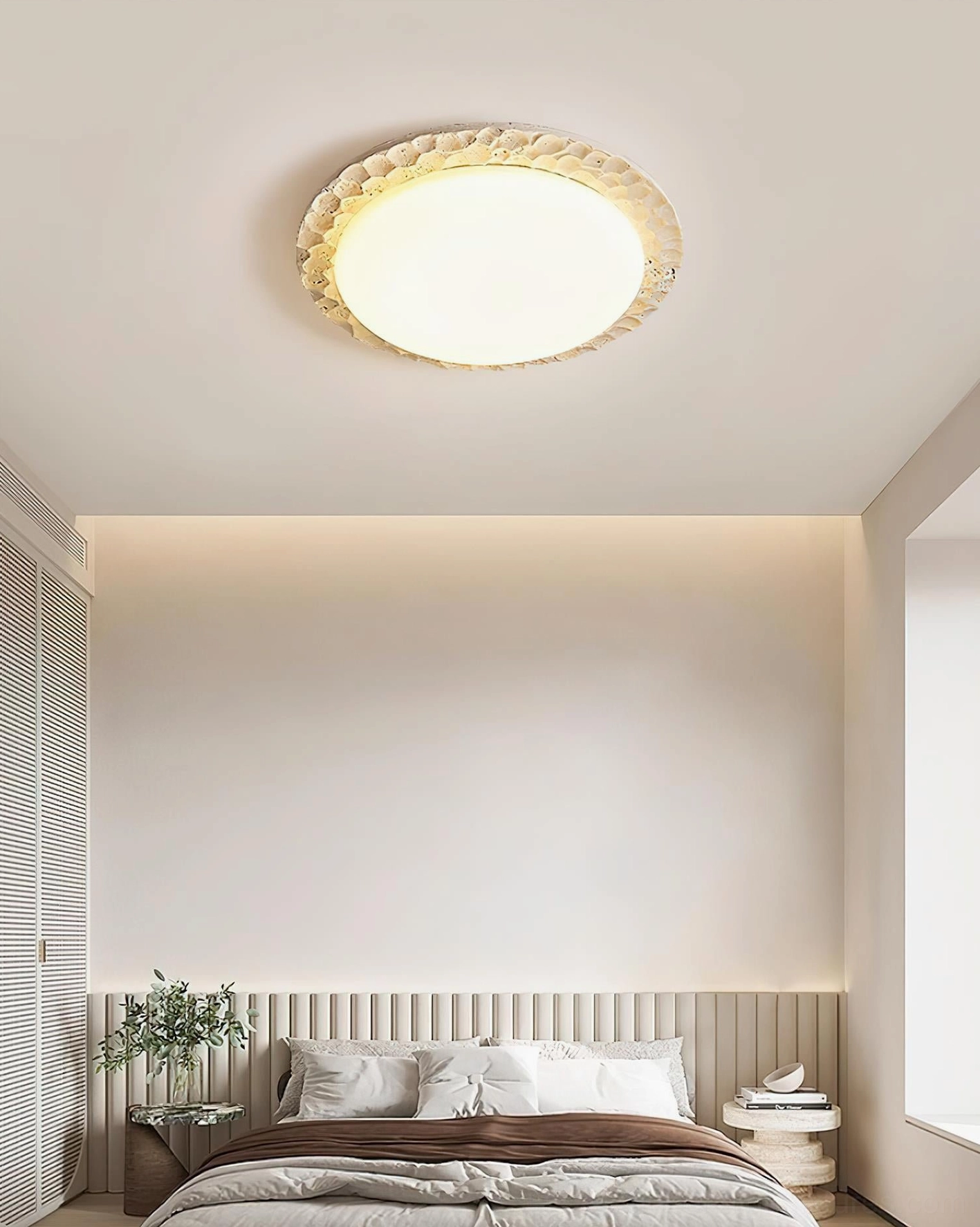 Kauai travertine ceiling light fixture with damp-rated design suitable for bathroom installation