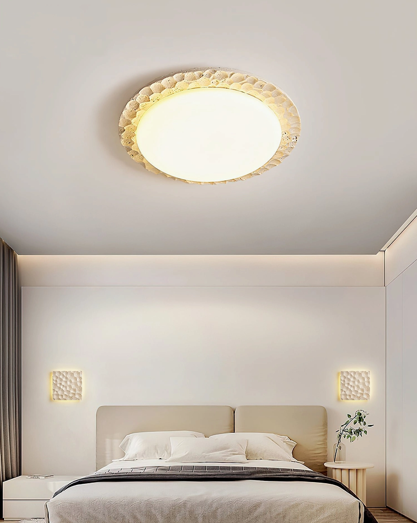 Kauai ceiling light installed in minimalist bedroom showing warm ambient glow and wabi-sabi aesthetic