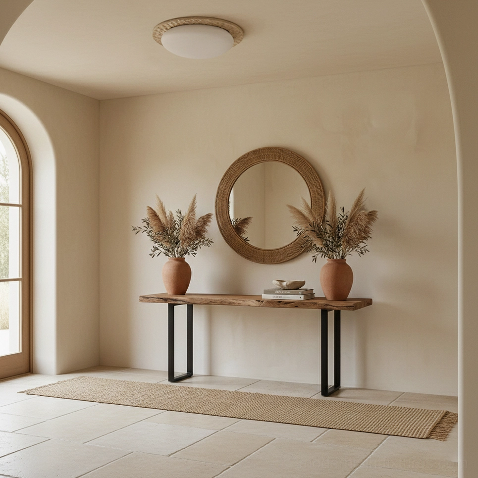 Kauai travertine ceiling light fixture in boho minimalist room setting with simple round design