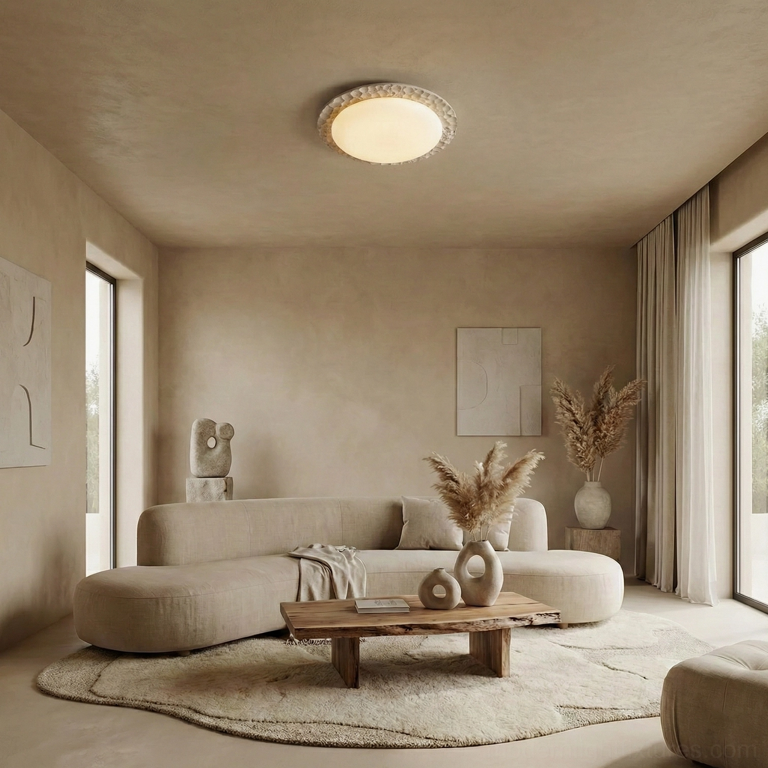 Contemporary neutral bedroom design featuring Kauai modern travertine ceiling fixture