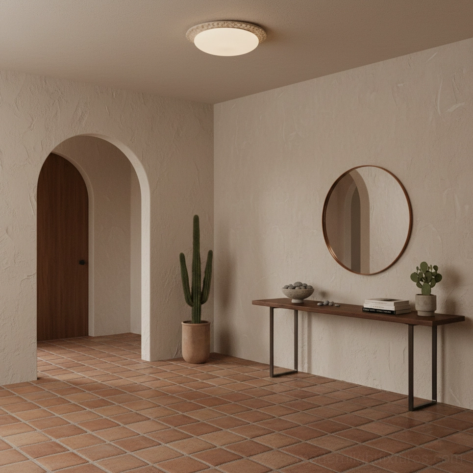 Kauai travertine ceiling light in contemporary entryway with boho terracotta aesthetic