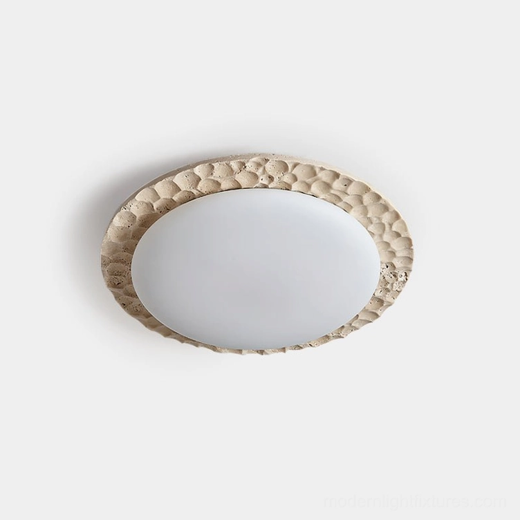 Kauai travertine flush mount ceiling light - frontal studio view showing textured beige frame with white frosted diffuser panel