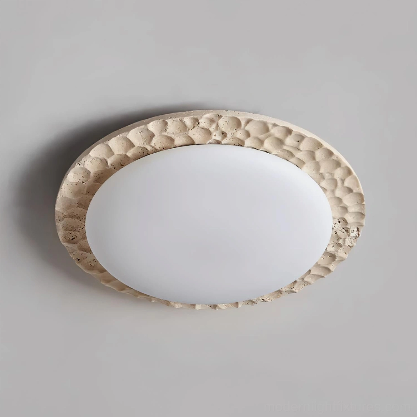 Kauai ceiling light fixture detail showing hardwired installation and premium travertine craftsmanship