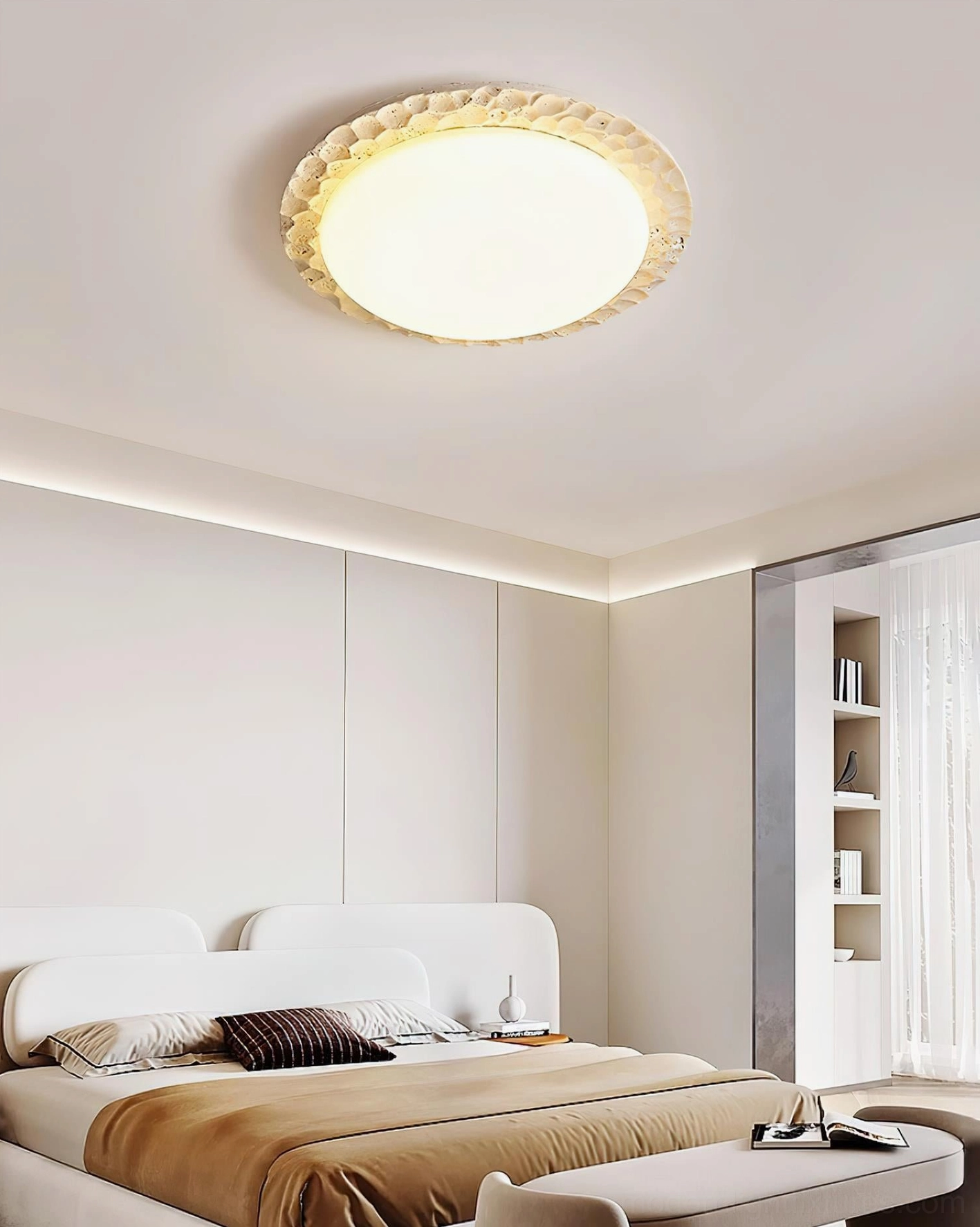 Kauai modern travertine flush mount ceiling light showing integrated LED warm white technology