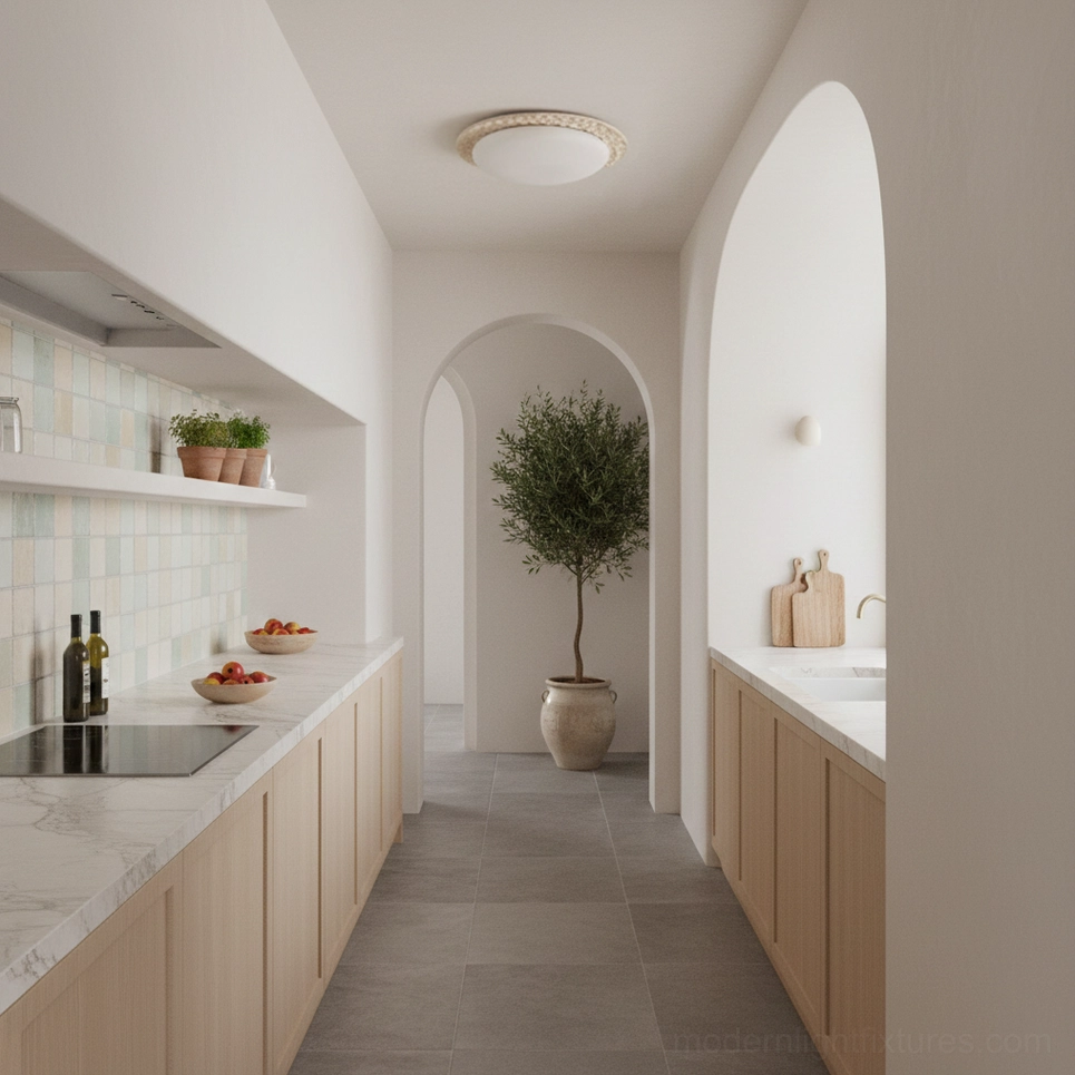 Kauai modern ceiling fixture in minimalist kitchen hallway showing low-profile round design