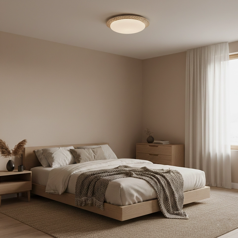 Kauai travertine flush mount ceiling light with integrated LED warm white 3000K illumination
