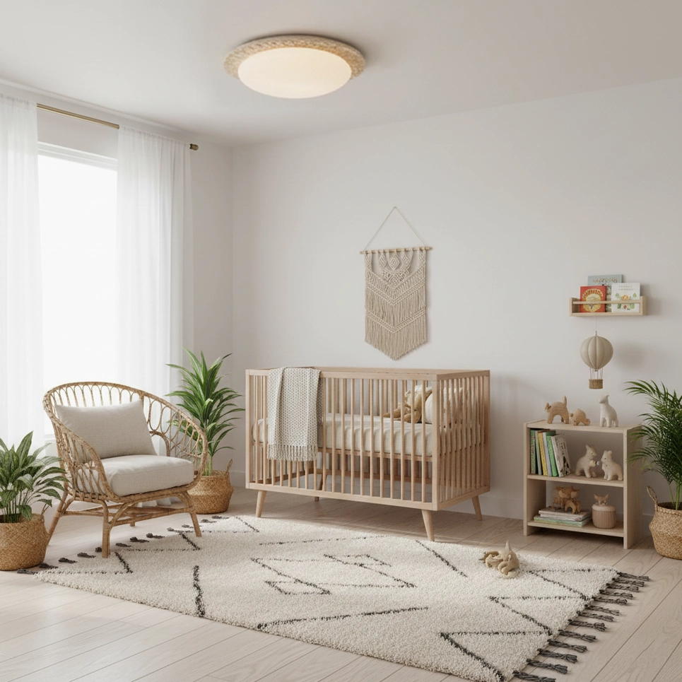 Scandinavian minimalist bedroom with Kauai travertine ceiling light fixture creating cozy ambiance