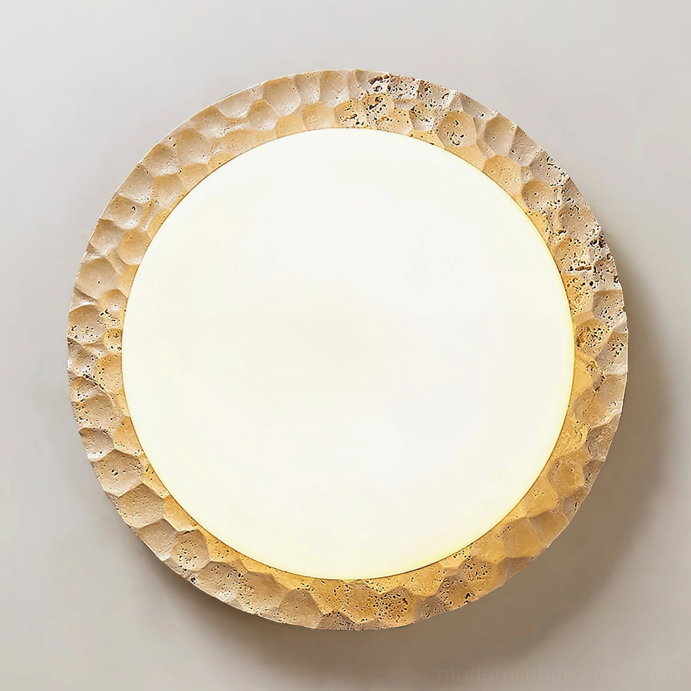 Kauai natural stone ceiling light fixture detail showing travertine texture and opal diffuser