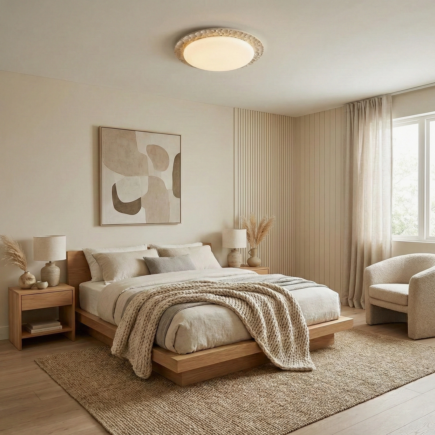 Warm-toned bedroom interior featuring Kauai flush mount ceiling light with wooden furnishings