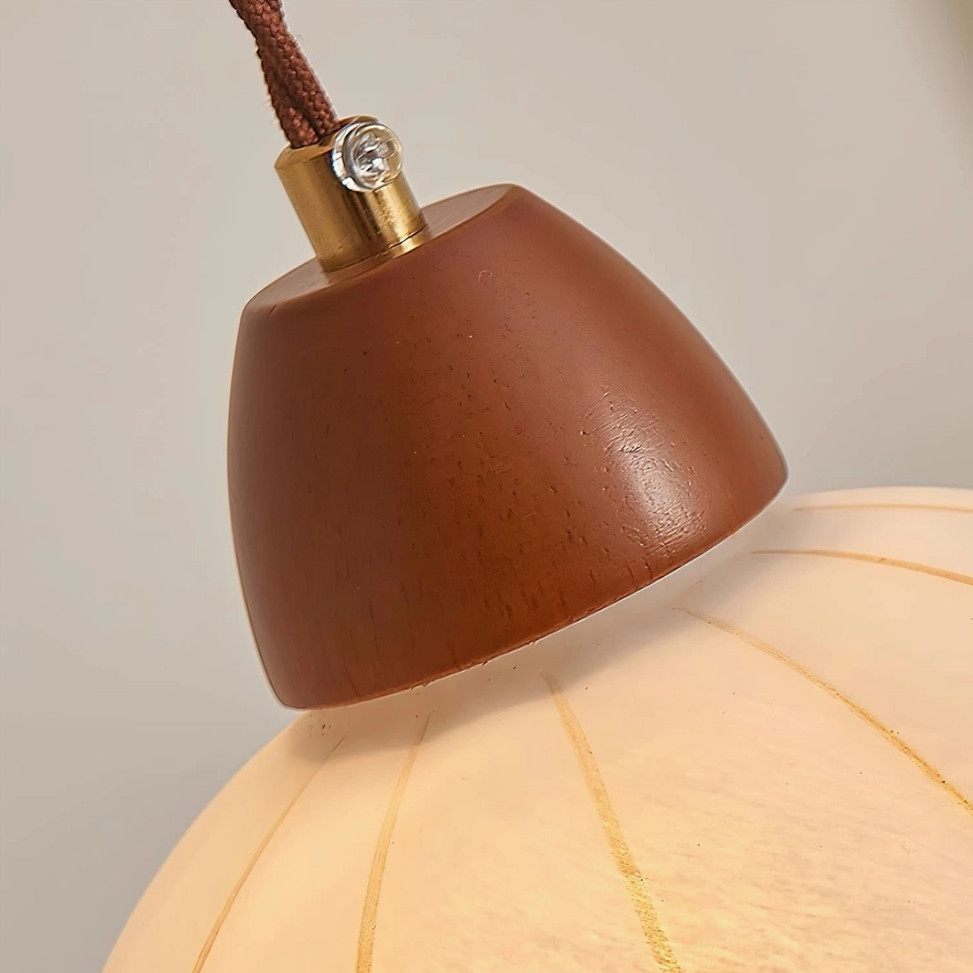 Kaya modern pendant lamp with ribbed opalescent shade and walnut finish, alternative angle product view