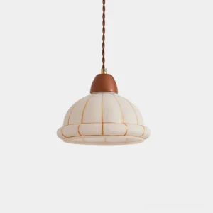 Kaya walnut pendant light with ribbed white glass dome shade and twisted copper cable, front view on white background