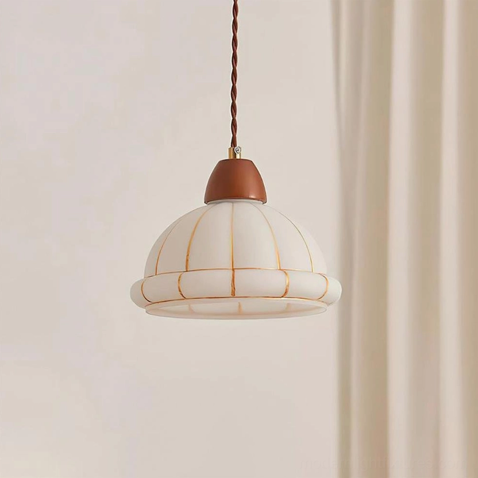 Walnut and white Kaya pendant light fixture, primary product image showing ribbed glass dome and twisted cable