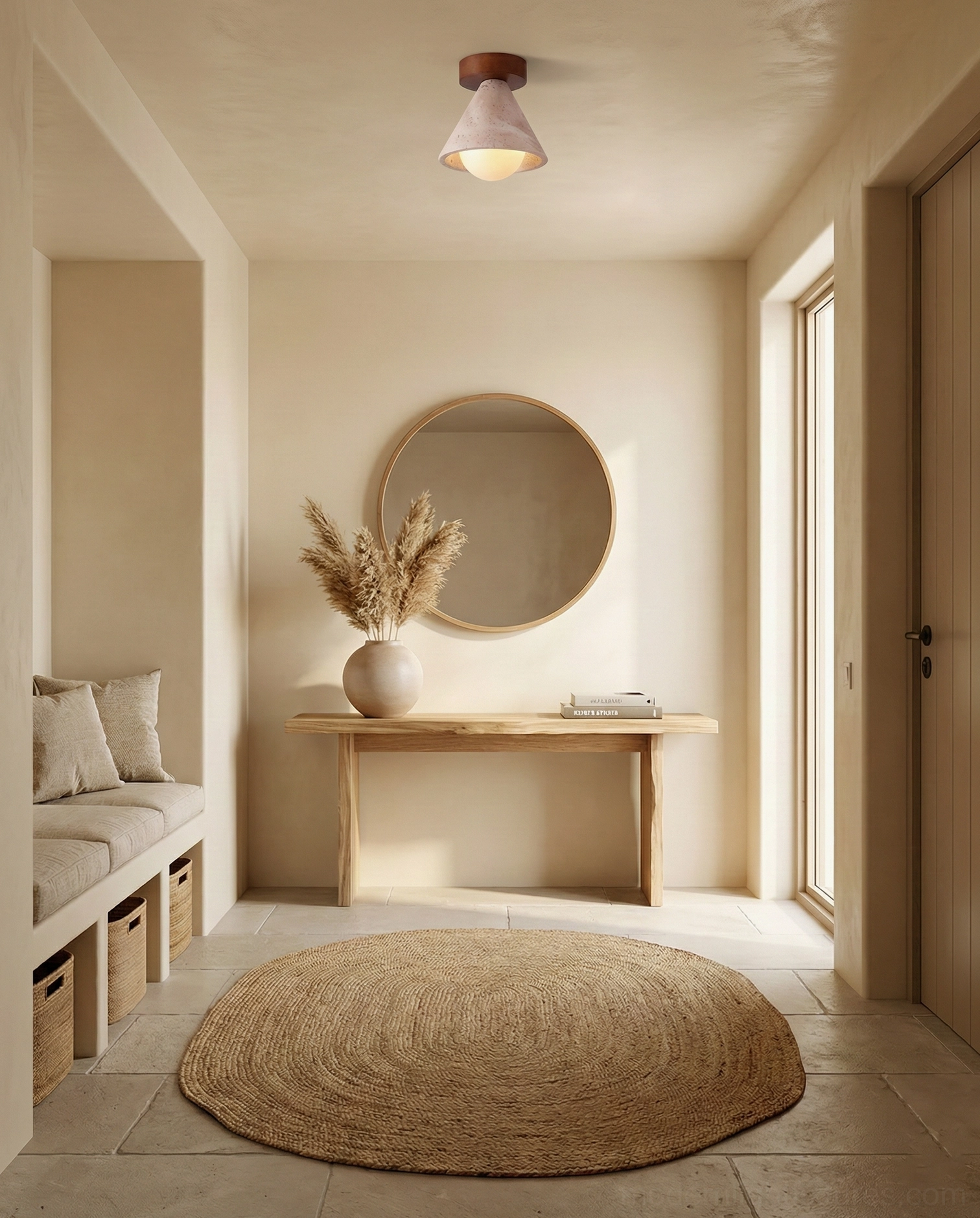 Kayla flush mount light in modern foyer with round mirror wooden console wabi-sabi decor