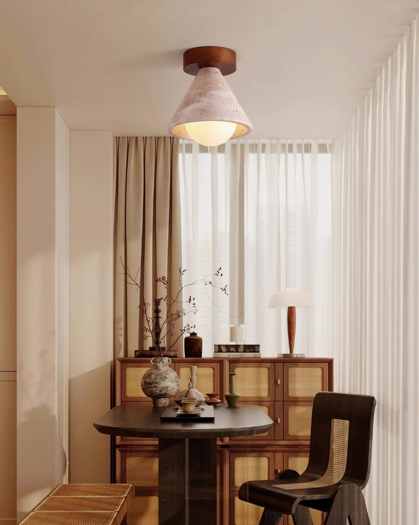 Kayla ceiling light fixture with frosted glass diffuser and wood mount hardware