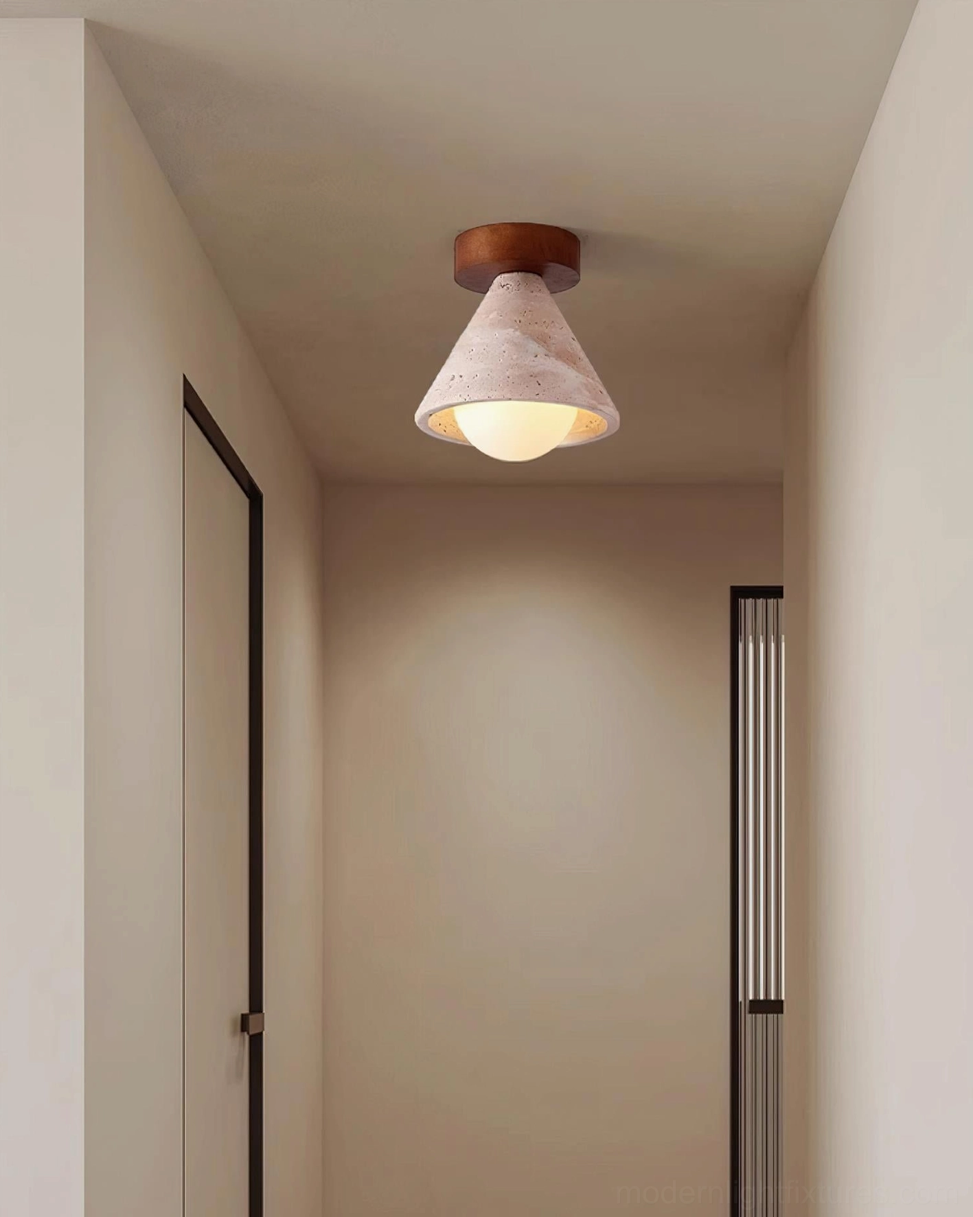 Kayla flush mount ceiling light mounted in minimalist narrow residential hallway passage