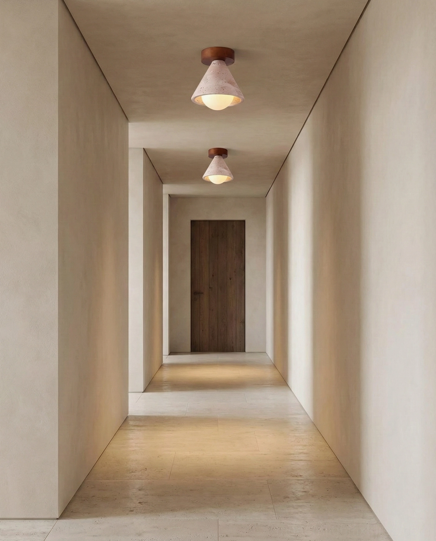 Paired Kayla travertine ceiling lights installed in double-sided residential corridor perspective