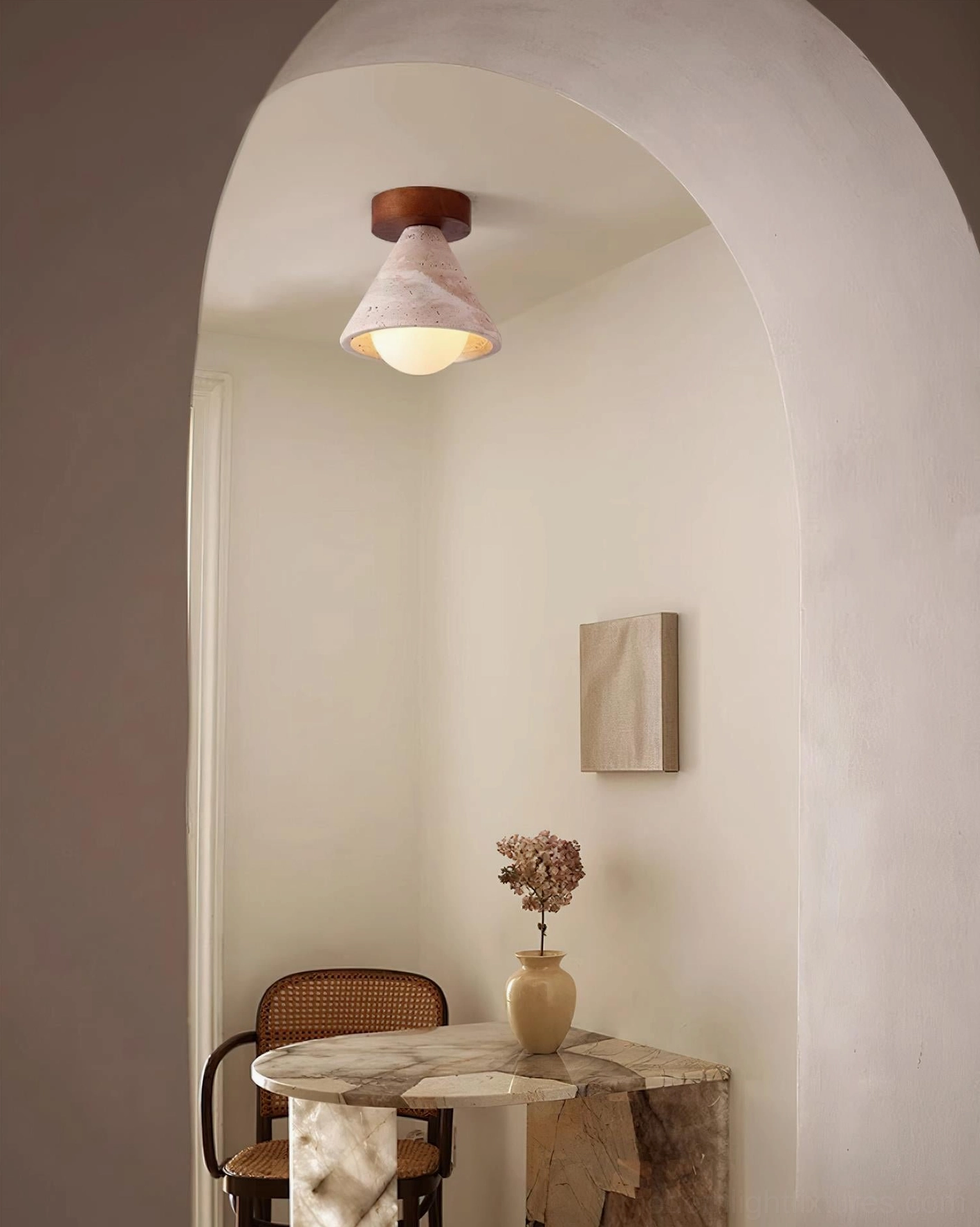 Kayla modern travertine flush mount ceiling light in Scandinavian minimalist setting