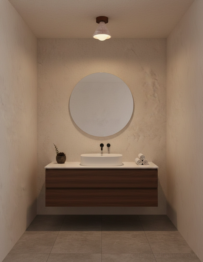 Kayla travertine ceiling light fixture showing natural stone surface and wood canopy