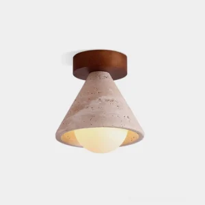 Kayla travertine cone flush mount ceiling light - front studio view on white background showing natural stone texture