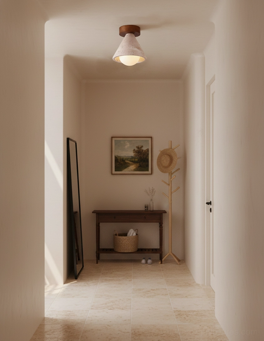 Kayla natural travertine flush mount ceiling light - architectural detail close-up