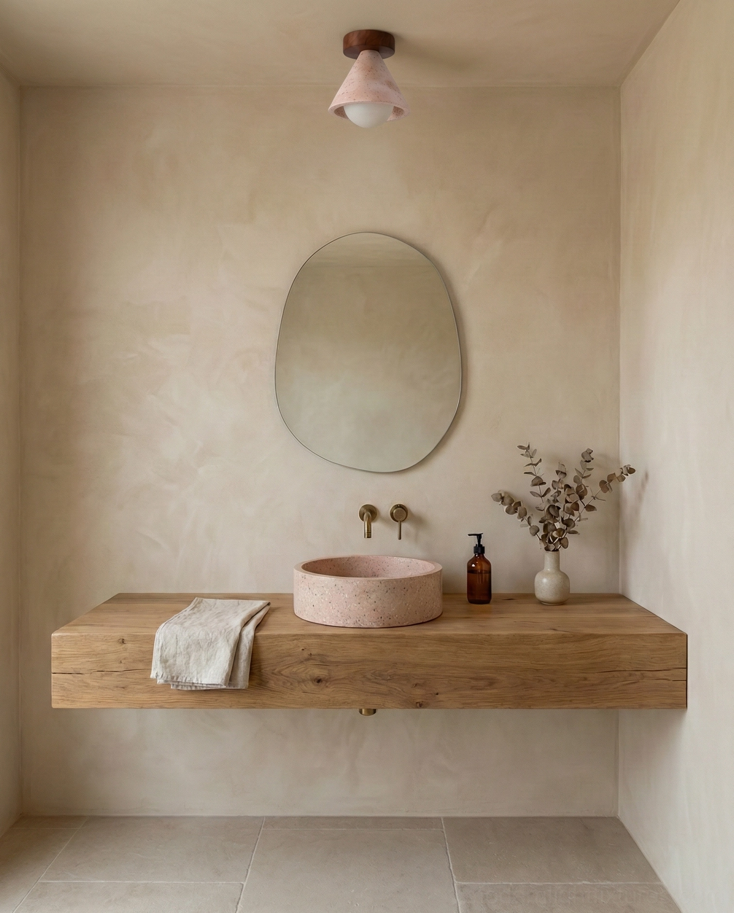 Kayla damp-rated ceiling light installed in rustic bathroom vanity space with floating wood sink