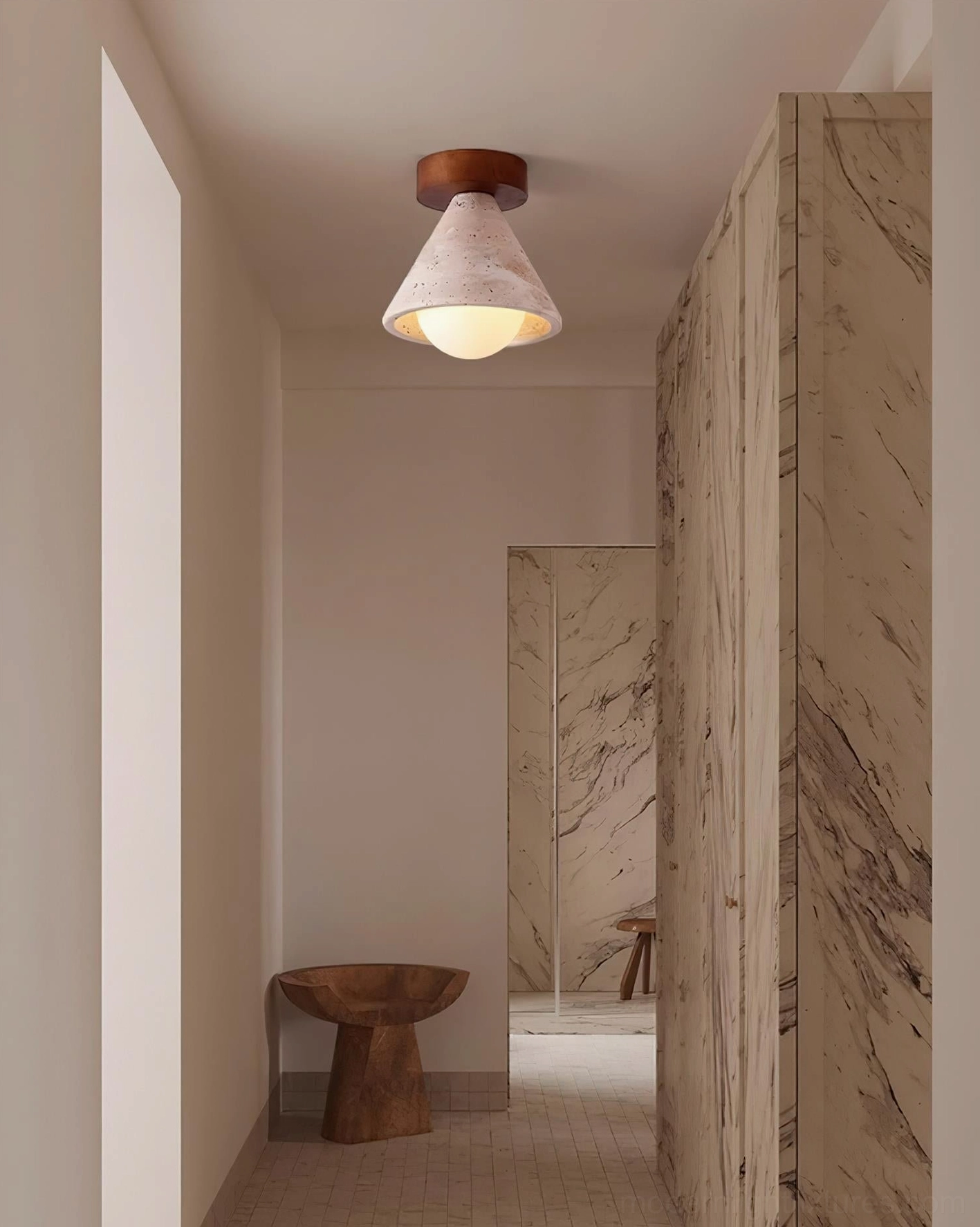 Kayla natural travertine ceiling light installed in warm neutral hallway corridor entryway