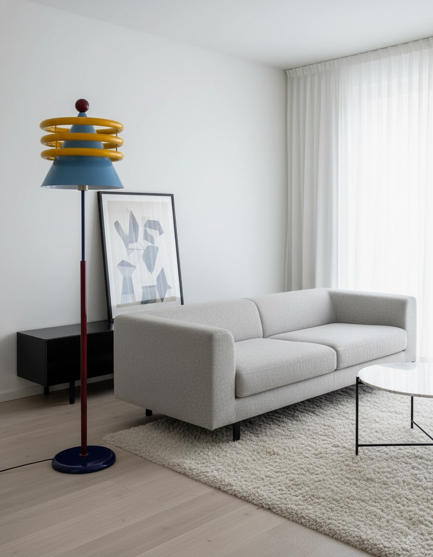 Blue and yellow modern geometric floor lamp full product view with metal base and conical shade