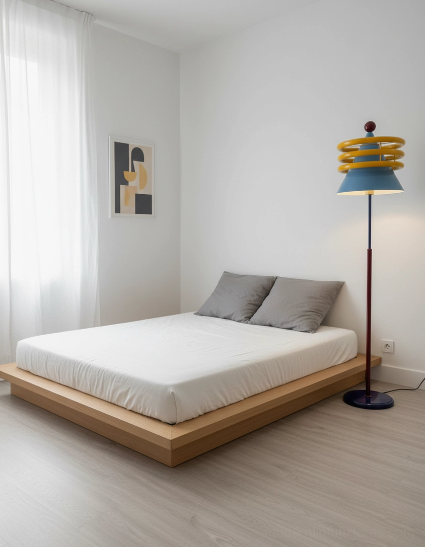 Contemporary blue floor lamp positioned beside low-profile wooden platform bed in minimalist bedroom
