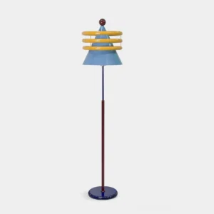 Keane modern floor lamp with blue conical shade and yellow circular rings, studio product showcase full view