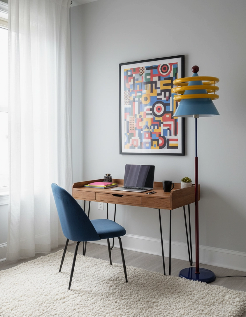 Geometric floor lamp in home office workspace beside wooden study desk with contemporary abstract wall art